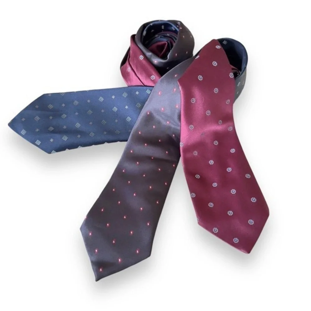 3 Surrey Vintage Men's Neck Dad Ties Set Three Red Blue Paisley Poly Silk Work
